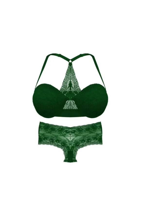 Kadın Yeşil Renk Dantelli Transparan İp Detaylı Sütyen Takım