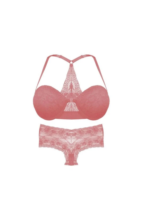 Kadın Somon Renk Dantelli Transparan İp Detaylı Sütyen Takım