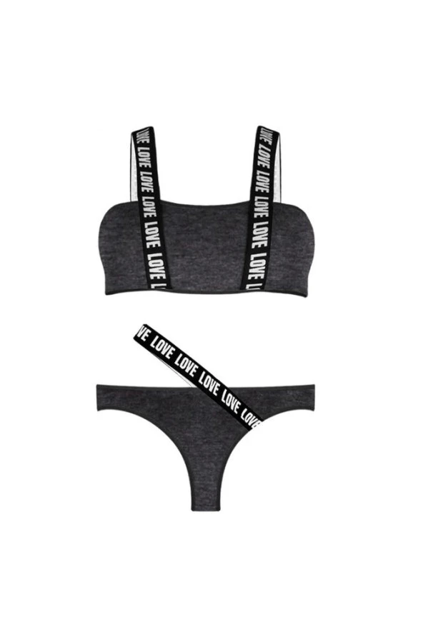 Kadın Antrasit Melanj Renk Yazı Detaylı Bralet Takım