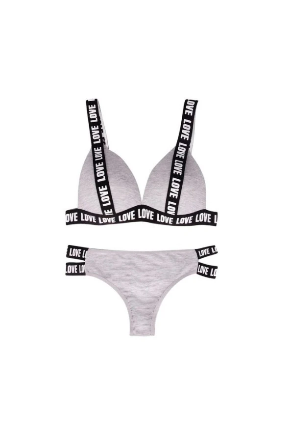 Kadın Gri Melanj Renk Yırtmaçlı Yazı Detaylı Bralet Takım
