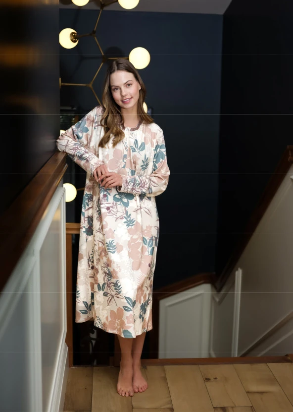 Kadın Klasik Büyük Çicek Desenli Gecelik - 11