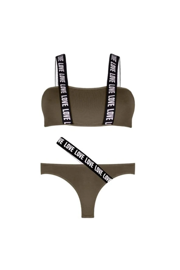 Kadın Haki Renk Yazı Detaylı Bralet Takım