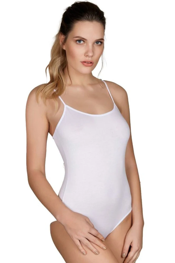 Kadın Beyaz Pamuklu Alttan Çıtçıtlı İp Askılı Badi - 2