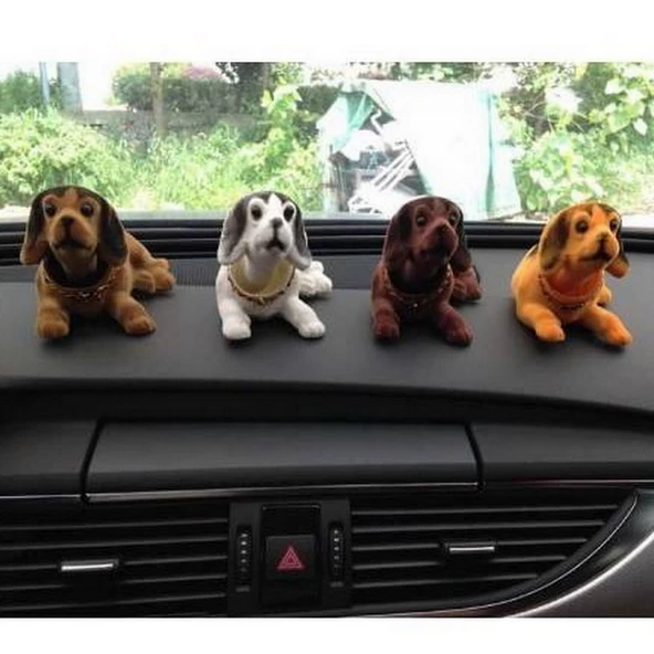 3 Adet Birlikte Set - Araç Torpido Üstü Kafa Sallayan Köpek Seti 14X7X7 cm Kahverengi Beyaz Turuncu - 6