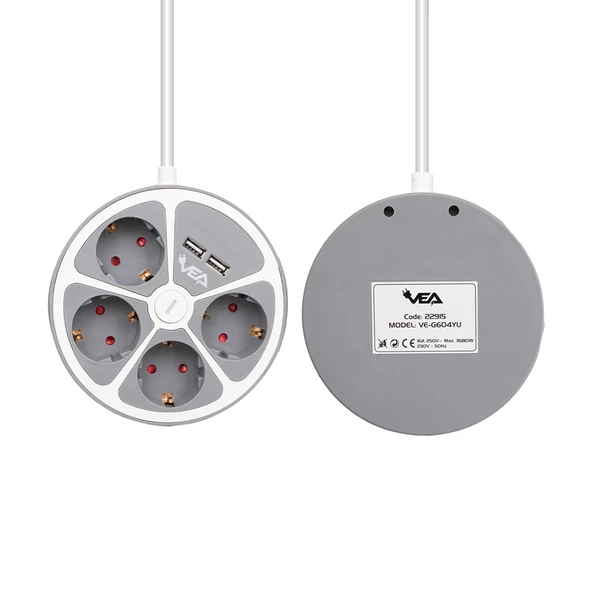 VEA VE-G604YU 4LÜ 2 USBLİ ANAHTARLI 1.5 METRE GRUP PRİZ - 2