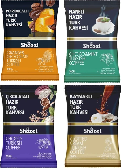 Shazel Hazır Türk Kahvesi Seti 4'lü 100g 4 Adet Kaymaklı, Portakallı, Naneli,Çikolatalı