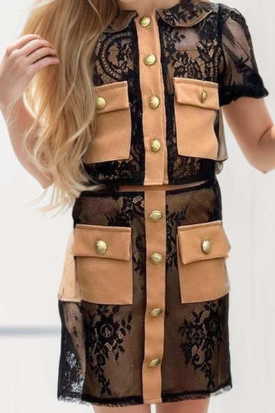 Kız Çocuk Transparan Dantel İşlemeli İçi Astarlı Cep Detaylı Kahverengi Etekli Takım - Resim 3