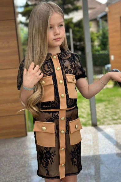 Kız Çocuk Transparan Dantel İşlemeli İçi Astarlı Cep Detaylı Kahverengi Etekli Takım - Resim 8