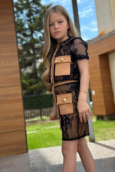 Kız Çocuk Transparan Dantel İşlemeli İçi Astarlı Cep Detaylı Kahverengi Etekli Takım - Resim 5