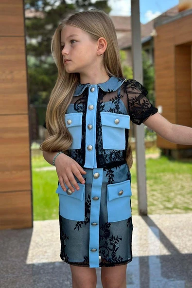 Kız Çocuk Transparan Dantel İşlemeli İçi Astarlı Cep Detaylı Mavi Etekli Takım - Resim 5