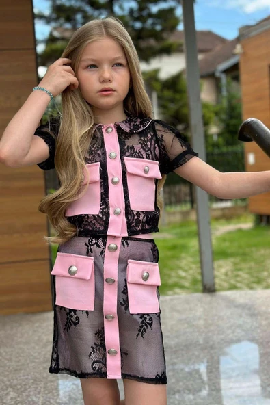 Kız Çocuk Transparan Dantel İşlemeli İçi Astarlı Cep Detaylı Pempe Etekli Takım - Resim 6