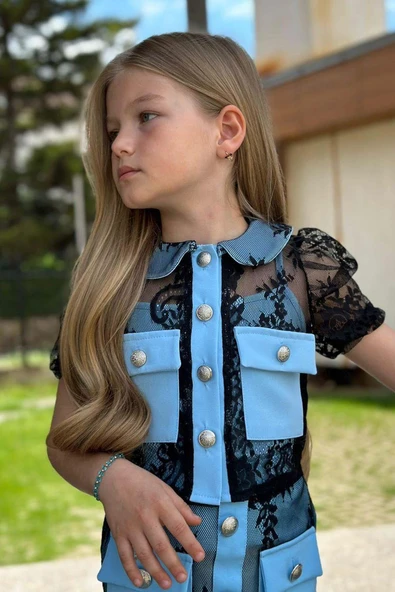 Kız Çocuk Transparan Dantel İşlemeli İçi Astarlı Cep Detaylı Mavi Etekli Takım - Resim 10