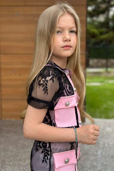 Kız Çocuk Transparan Dantel İşlemeli İçi Astarlı Cep Detaylı Pempe Etekli Takım - Resim 8