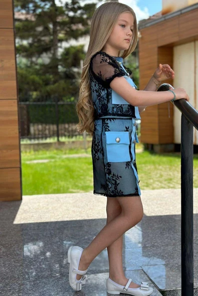 Kız Çocuk Transparan Dantel İşlemeli İçi Astarlı Cep Detaylı Mavi Etekli Takım - Resim 8