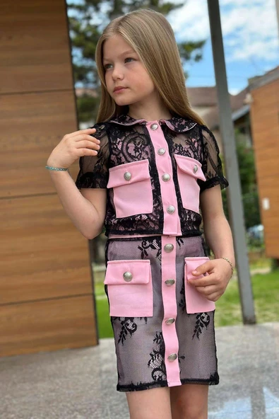 Kız Çocuk Transparan Dantel İşlemeli İçi Astarlı Cep Detaylı Pempe Etekli Takım - Resim 5