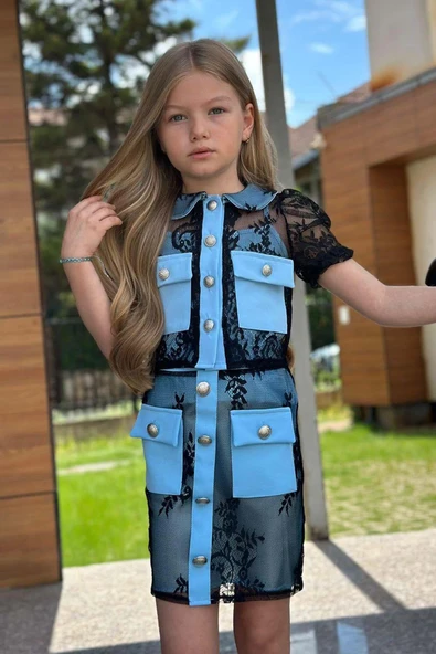 Kız Çocuk Transparan Dantel İşlemeli İçi Astarlı Cep Detaylı Mavi Etekli Takım - Resim 11