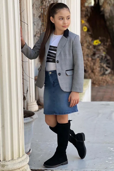 Kız Çocuk Yazı Baskılı Tişört Cep Detaylı Kareli Blazer Ceket Mavi Jean Etekli Takım - 2