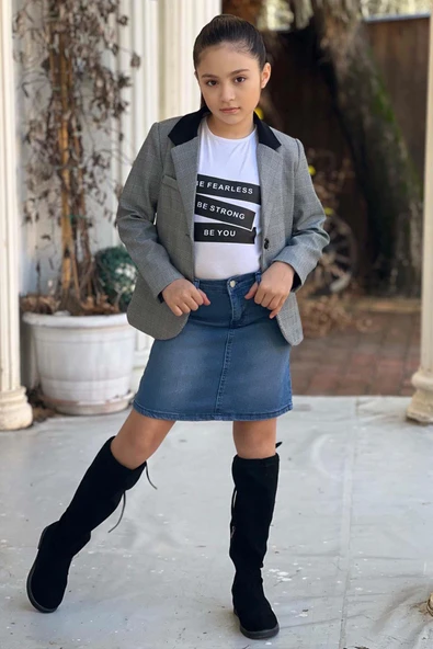 Kız Çocuk Yazı Baskılı Tişört Cep Detaylı Kareli Blazer Ceket Mavi Jean Etekli Takım - 5