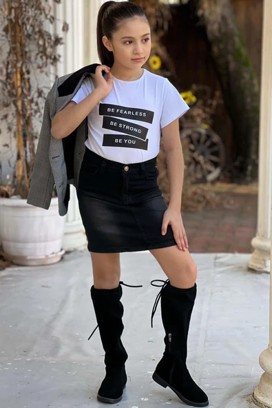 Kız Çocuk Yazı Baskılı Tişört Cep Detaylı Kareli Blazer Ceket Siyah Jean Etekli Takım - 2