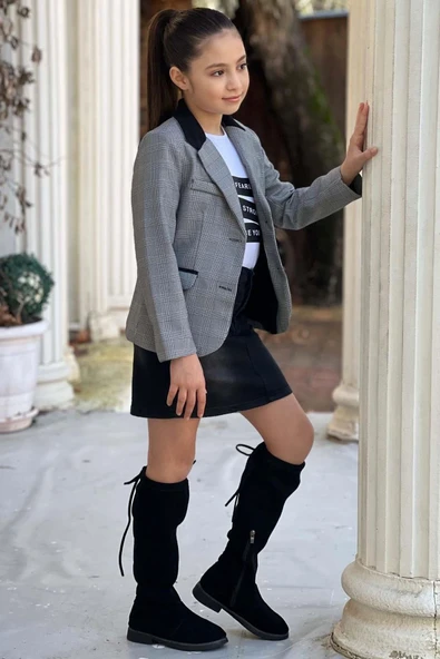 Kız Çocuk Yazı Baskılı Tişört Cep Detaylı Kareli Blazer Ceket Siyah Jean Etekli Takım - 3