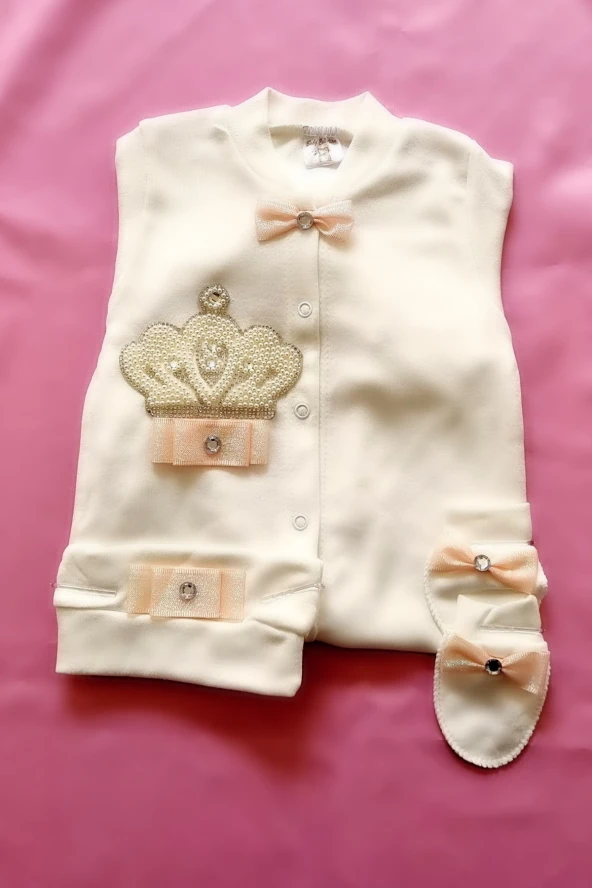 Kurdele Detaylı Taş Işlemeli Beyaz 3'lü Bebek Tulum Seti - Resim 9