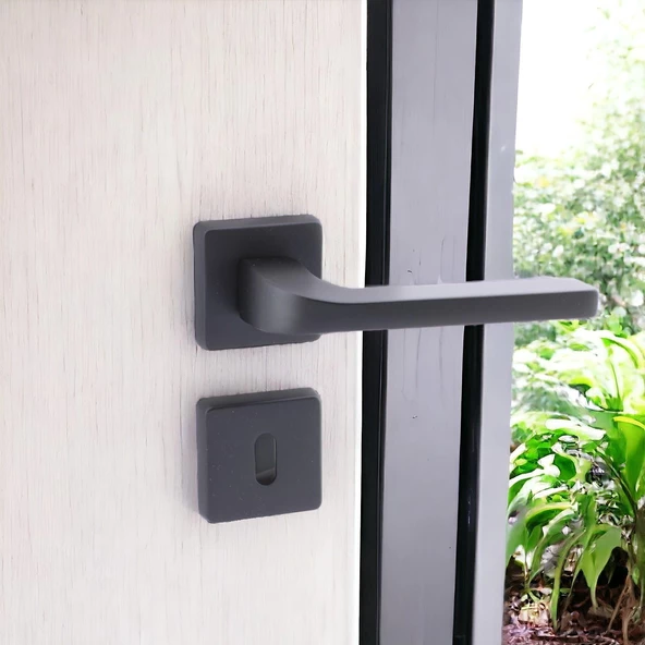 Tog Siyah Oda Kapı Kolu Kare Rozetli Sürgülü ve Çelik Kapı Kulpu Uyumlu Sağa Sola Uygun Kapı Kolları - Resim 4