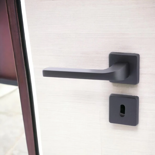 Tog Siyah Oda Kapı Kolu Kare Rozetli Sürgülü ve Çelik Kapı Kulpu Uyumlu Sağa Sola Uygun Kapı Kolları - Resim 6