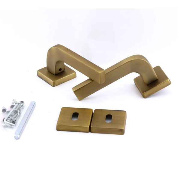 Tog Antik Sarı Oda Kapı Kolu Kare Rozetli Sürgülü ve Çelik Kapı Kulpu Uyumlu Sağ Sol Uygun Kolları - Resim 5