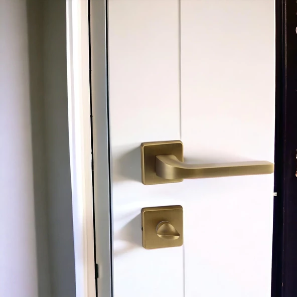 Tog Antik Sarı Wc Banyo Uyumlu Kapı Kolu Kare Rozetli Kapı Kulpu Sağa Sola Uygun Kapı Kolları - Resim 2