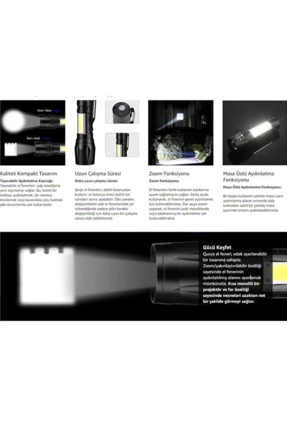 Single Sword Şarjlı Küçük Boy El Feneri - Kutulu ve Kemere Takma Aparatlı - 6