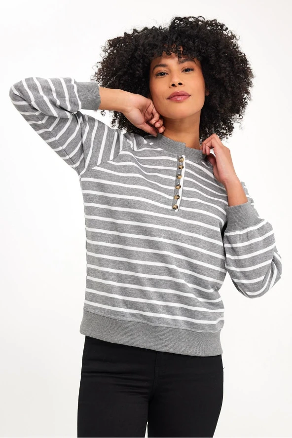 Düğmeli Reglan Kol Sweatshirt (B23-00164) - 5