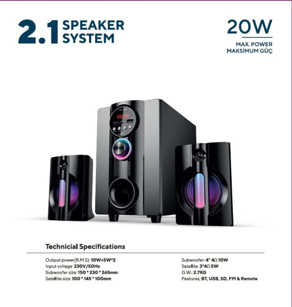 Mikado MD-95BT 2+1 20W Siyah Multimedya FM/BT/SD/USB Speaker Hoparlör