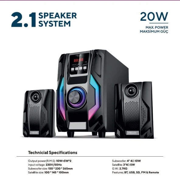Mikado MD-415BT 2+1 20W Siyah Multimedya FM/BT/SD/USB Speaker Hoparlör