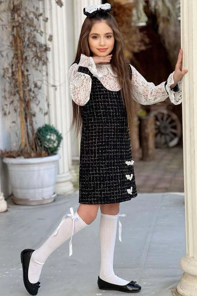 Kız Çocuk Yakası ve Kolları Dantel İşlemeli Kareli Şanel Kumaş Siyah Elbise - 4