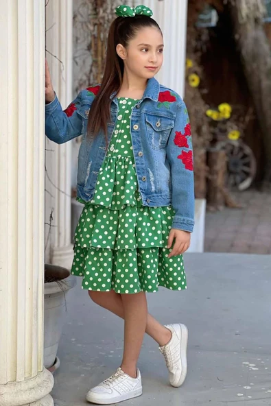 Kız Çocuk Çiçek Baskılı Kot Ceket Puantiyeli Kat Kat Piliseli Yeşil Elbise - Resim 5