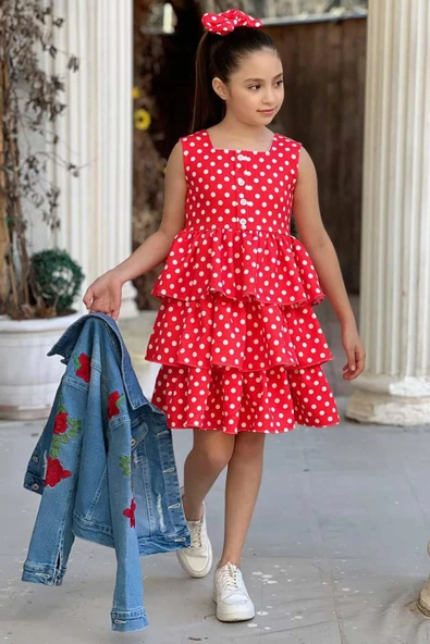 Kız Çocuk Çiçek Baskılı Kot Ceket Puantiyeli Kat Kat Piliseli Kırmızı Elbise - 9