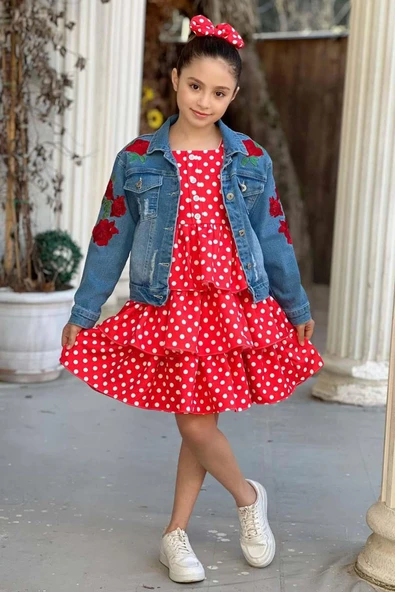 Kız Çocuk Çiçek Baskılı Kot Ceket Puantiyeli Kat Kat Piliseli Kırmızı Elbise - 4