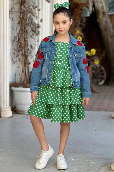 Kız Çocuk Çiçek Baskılı Kot Ceket Puantiyeli Kat Kat Piliseli Yeşil Elbise - Resim 7