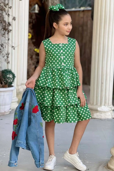 Kız Çocuk Çiçek Baskılı Kot Ceket Puantiyeli Kat Kat Piliseli Yeşil Elbise - Resim 9