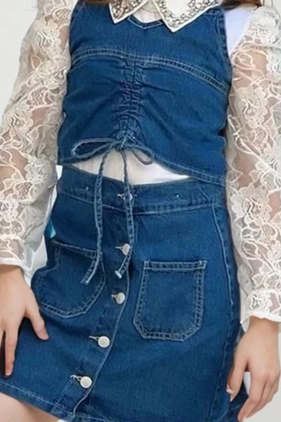 Kız Çocuk Yakası Taş İşlemeli Dantelli Bluz Mavi Jean Jile Etekli Takım - 3