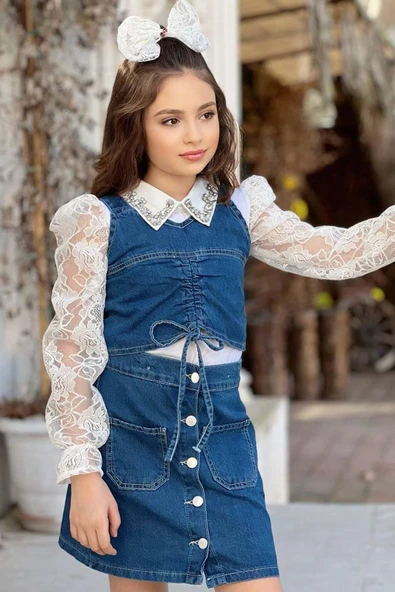 Kız Çocuk Yakası Taş İşlemeli Dantelli Bluz Mavi Jean Jile Etekli Takım - 7