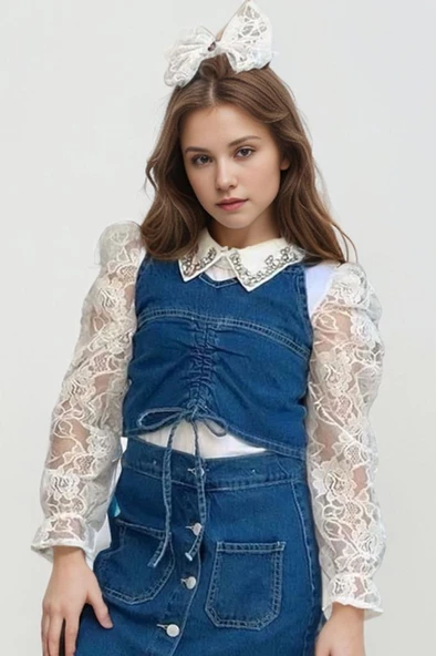 Kız Çocuk Yakası Taş İşlemeli Dantelli Bluz Mavi Jean Jile Etekli Takım - 2