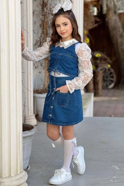 Kız Çocuk Yakası Taş İşlemeli Dantelli Bluz Mavi Jean Jile Etekli Takım - 6