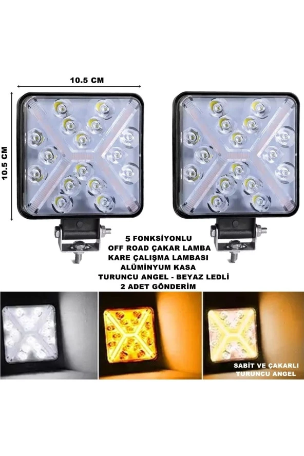 Friemats Off Road Kare Çalışma Lambası Turuncu Çakar Angel-beyaz Led 5 Fonksiyon 10,5x10,5 Cm 2 Adet-