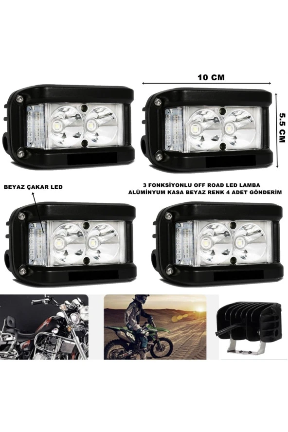 Friemats Off Road Led Lamba Beyaz Çakarlı Ve Beyaz Sabit Ledli 3 Fonksiyonlu 5,5 X 10 Cm 4 Adet -