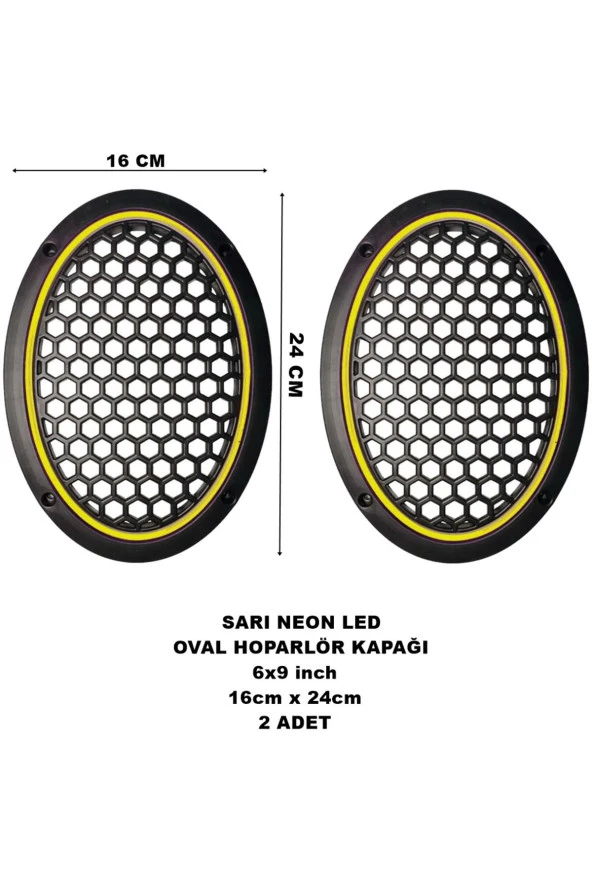 Caraks 16x24 cm 6x9 inch Neon Led Işıklı Midrange Oval Hoparlör Kapağı Çiftli (2 adet) Sarı Renk