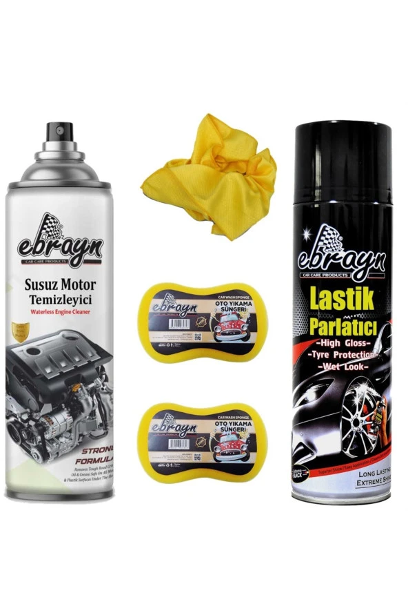 Caraks Oto Bakım Seti Ebrayn Lastik Parlatıcı + Susuz Motor Temizleyici + 2 Ad Sünger + Microfiber Bez