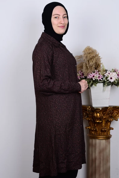 Ferace 8929-1 Kahverengi Kadın Rahat Kesim Büyük Beden Düğmeli Viskon Yaprak Desenli Tunik - 2