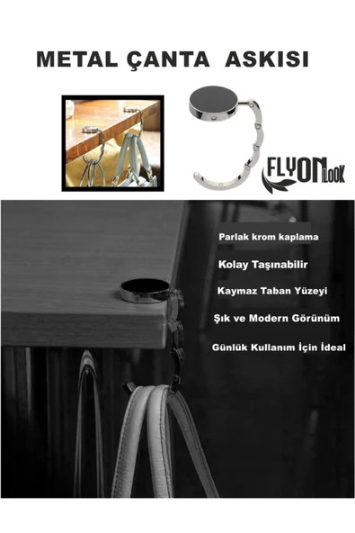 Metal Krom Kaydırmaz Taban Masa Altı Çanta Askısı Portatif Şık Katlanabilir Kutusunda  Taşınabilir - 3