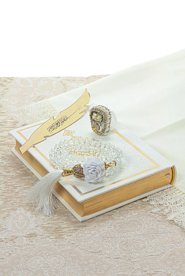 Sandıklı Çiçek Detaylı Çeyizlik Seccade Seti Gelin Bohçasına Uygun Hediyelik Şal Kuranı Kerim Seti Beyaz - Resim 5